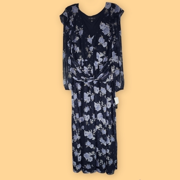 Betsy & Adam Floral Chiffon Ruffle V-Neck Long Sheer Sleeve Dress Size 16W - Picture 2 of 6